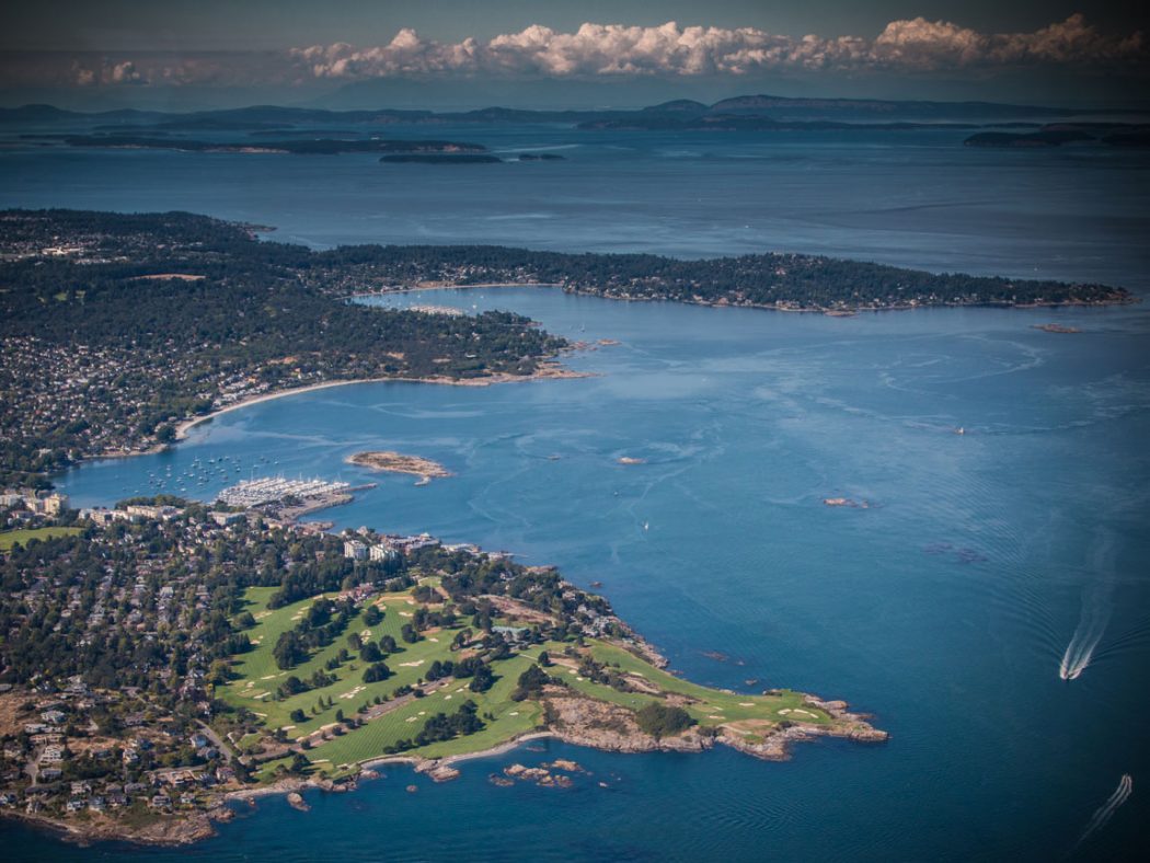 Aerial view of Victoria BC, Vancouver Island, mountains in distance